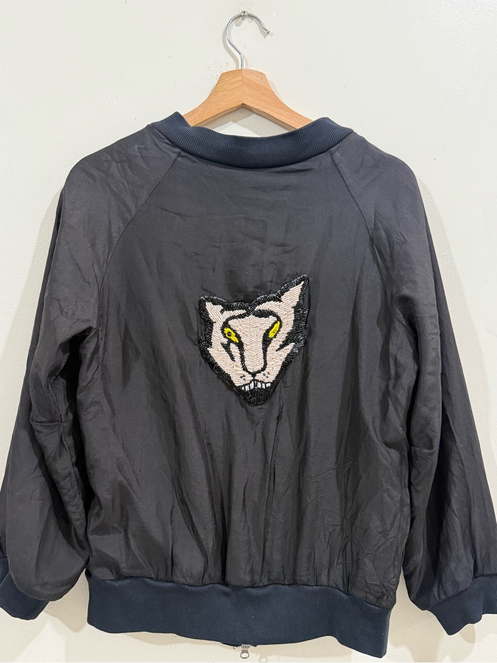 CLU Men's Black Bomber Jacket with Embroidered Cat Patch